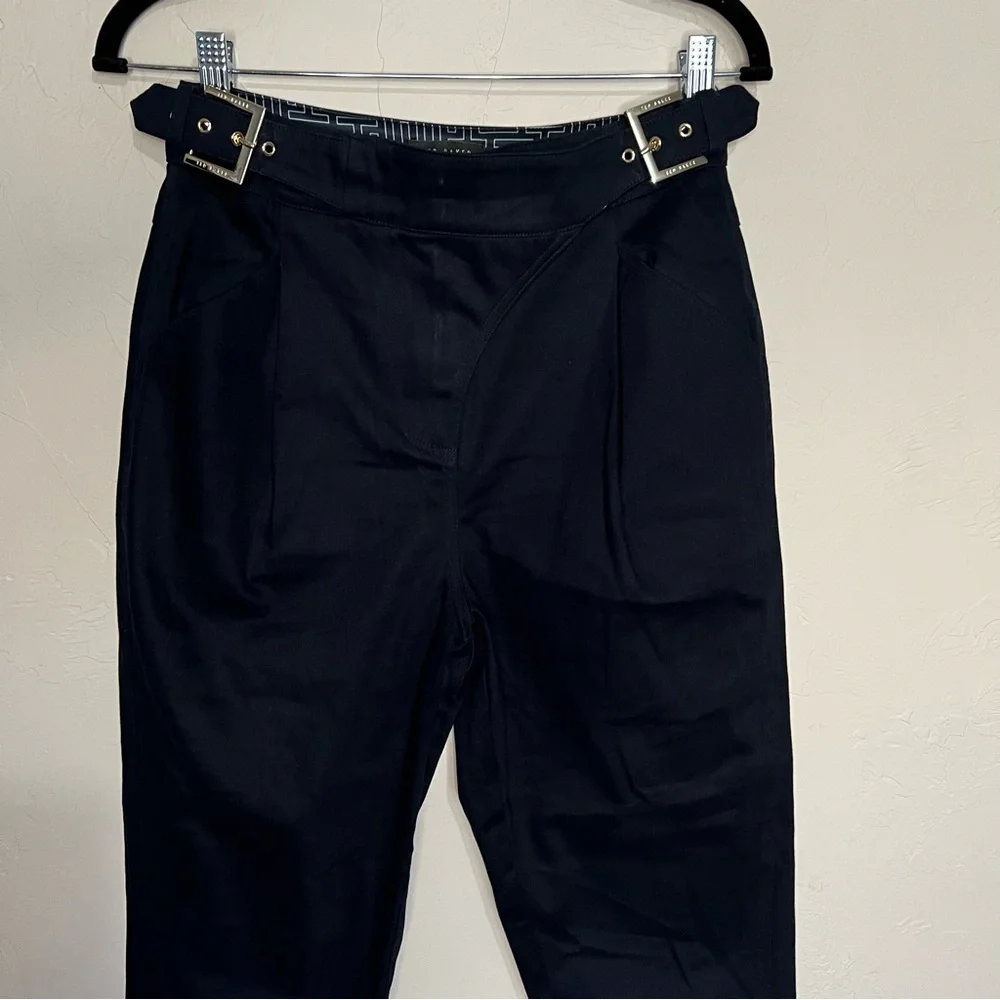 Ted Baker Alaiina Navy Blue Front Double Buckle Pleated‎ Tapered Trouser Pants